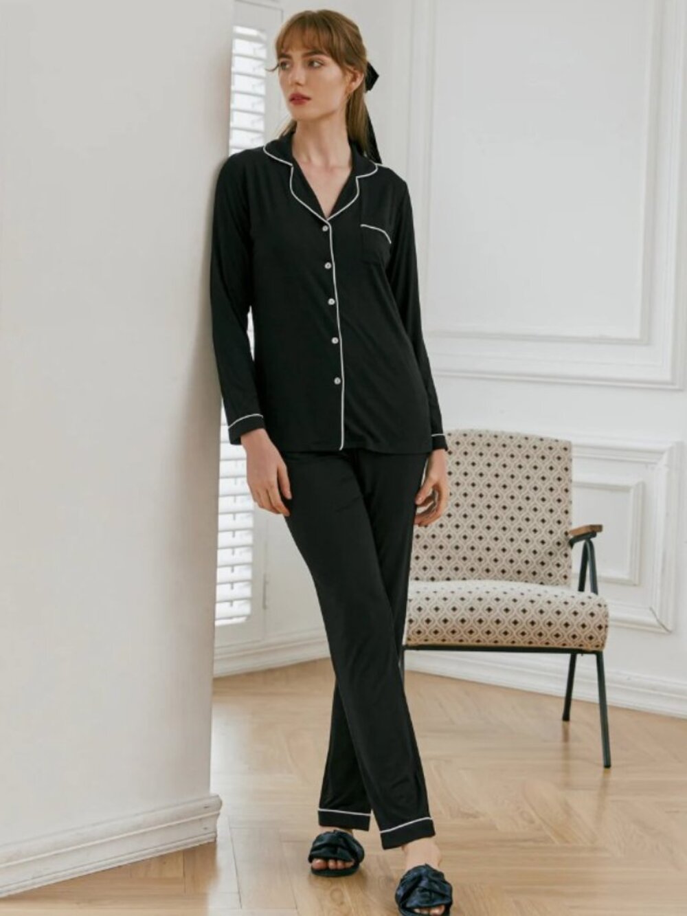 Ekouaer Cozy 2 Piece Pajama Set, Black, Sz M